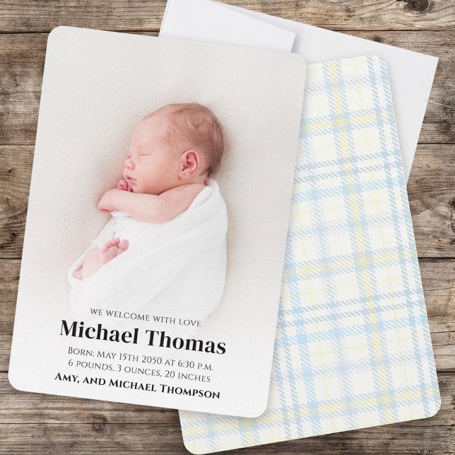 Baby Boy Birth Foto Custom Blue Kariert (Baby boy birth announcement. )