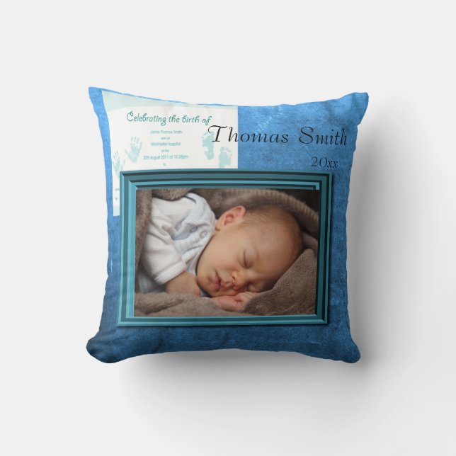 Baby Boy Birth Foto Keepake Kissen (Vorderseite)