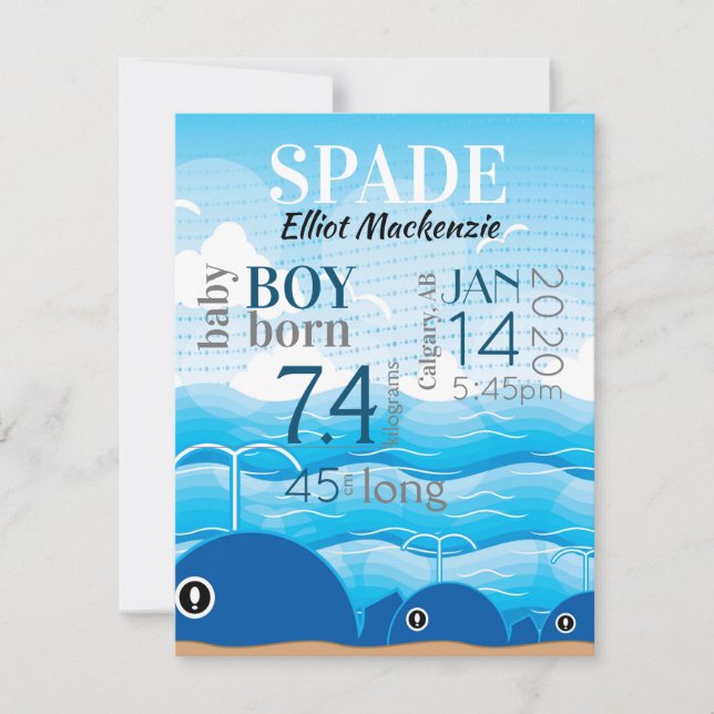 Baby Boy Birth Stats Ankündigung Blue Whales Card (Vorderseite)