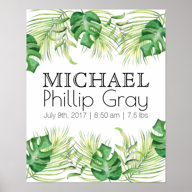 Baby Boy Birth Stats Tropical Green Palms Poster (Vorne)