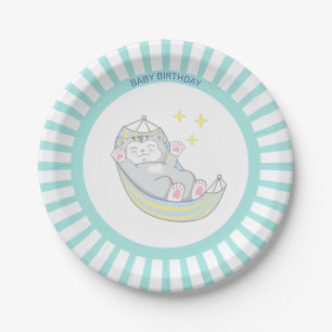 Baby Boy Birthday Kitty Cat on Light Blue & White Pappteller