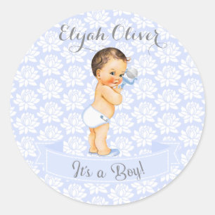 Baby Boy Blau Weiß und Grau Runder Aufkleber