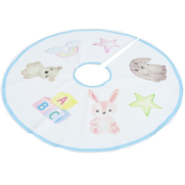 Baby Boy Blocks Bear Rabbit Tiere Weihnachten Polyester Weihnachtsbaumdecke (Schrägansicht)