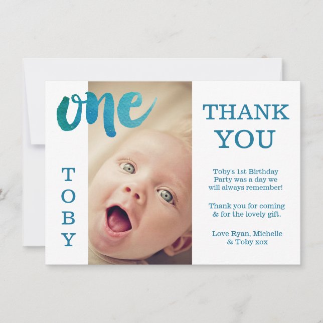 Baby Boy Blue 1er anniversaire Merci Carte photo (Devant)