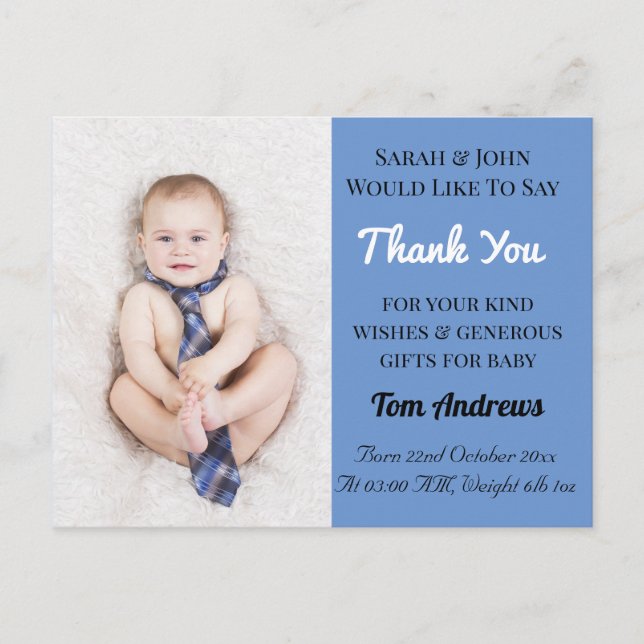 Baby Boy Blue Ankündigung Danke Postcard Postkarte (Vorderseite)