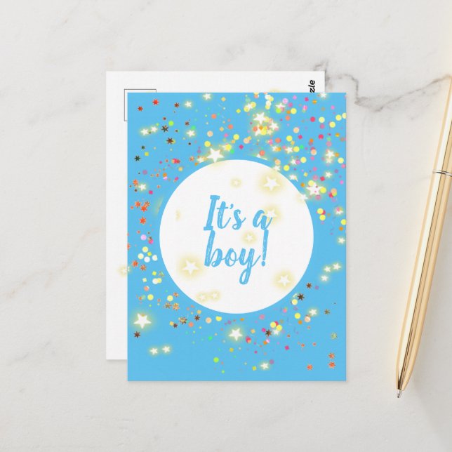 Baby Boy Blue Ankündigung mit Sternen und Lichtern Postkarte (Vorderseite/Rückseite Beispiel)
