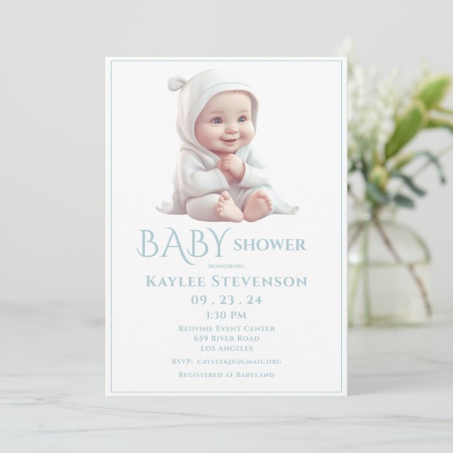 Baby Boy Blue Baby Dusche Einladung (Stehend Vorderseite)