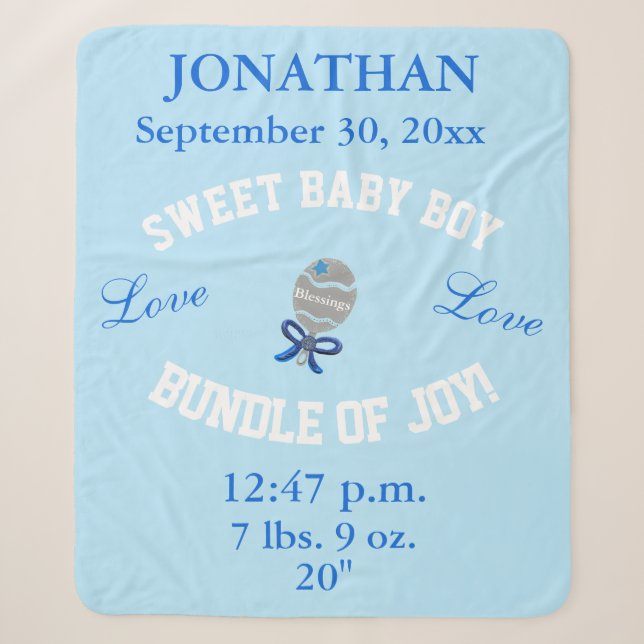 Baby Boy Blue Baby Rattle Upload Foto Sherpadecke (Vorderseite)
