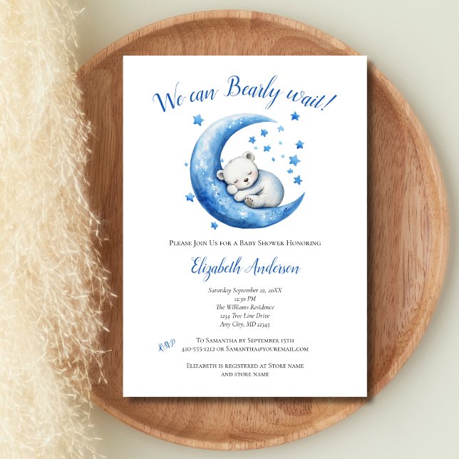 Baby Boy Blue Bear Moon Bearly Wait Baby Dusche Einladung (Boy Baby Shower invitation. White Bear Sleeping in Blue Moon with stars. We can Bearly wait.)