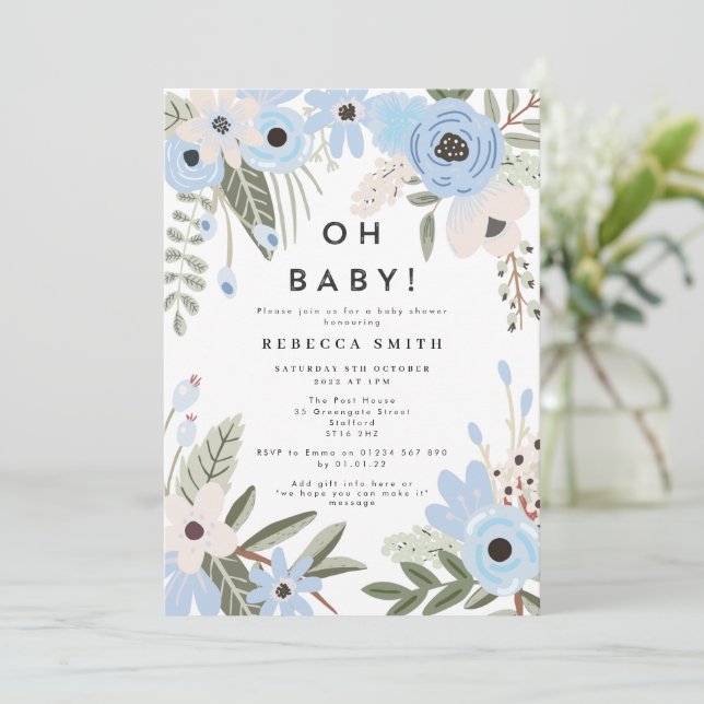 Baby Boy Blue Floral Baby shower Invitation (Debout devant)