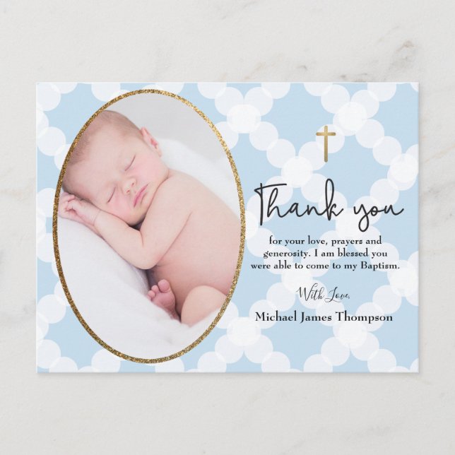Baby Boy Blue Foto Taufe Vielen Dank Postkarte (Vorderseite)