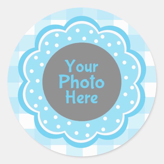 Baby Boy Blue Gingham Foto Runder Aufkleber (Vorderseite)