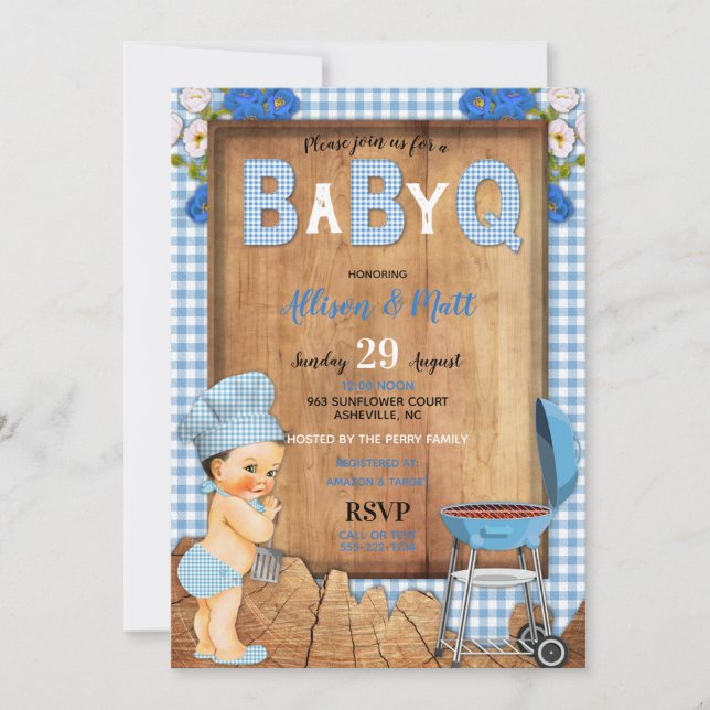 Baby Boy Blue Gingham Wood Blume Baby Q Barbecue Einladung (Vorderseite)