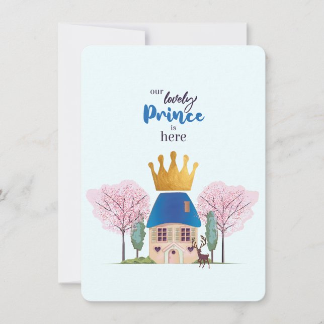 Baby Boy Blue Gold Prince Castle Babydusche Einladung (Vorderseite)