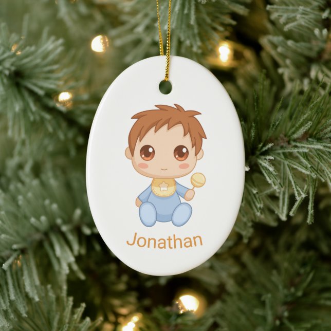 Baby Boy Blue Jumpsuit, Individuelle Name und Foto Keramik Ornament (Baum)