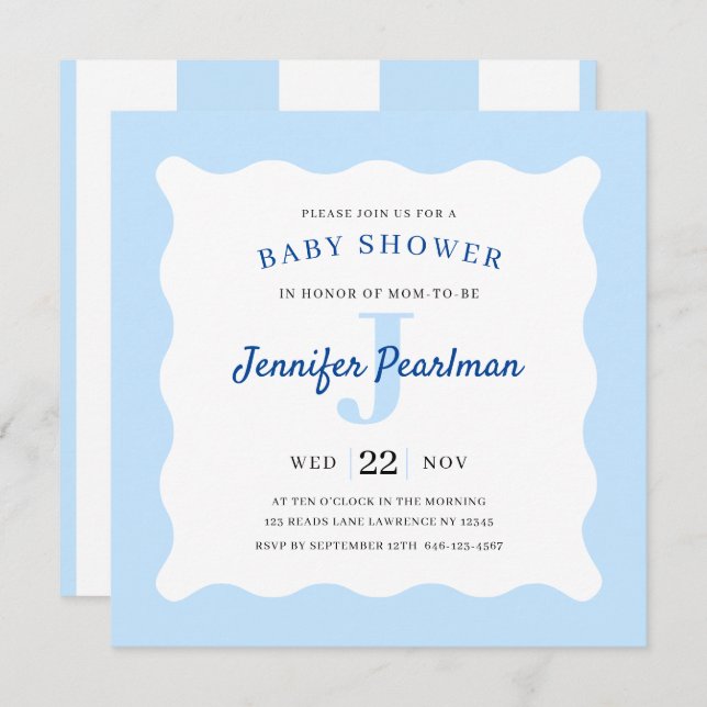 Baby Boy Blue Monogram Douche Invitation (Devant / Derrière)
