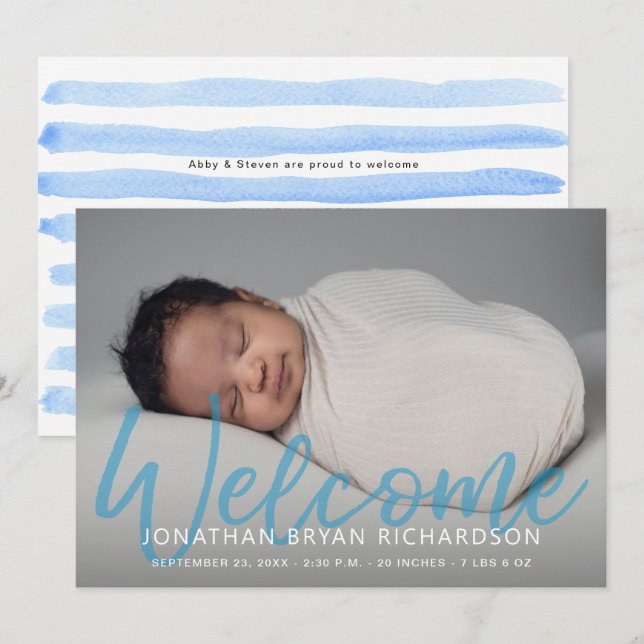 Baby Boy Blue One Photo Welcome Faire-part de nais (Devant / Derrière)