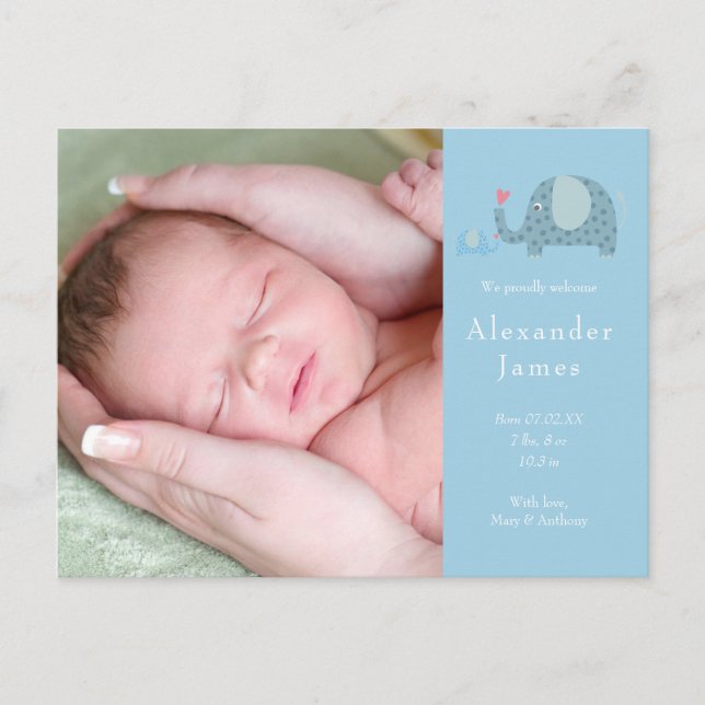 Baby Boy Blue Polka Dot Elephants Foto Birth Ankündigungspostkarte (Vorderseite)