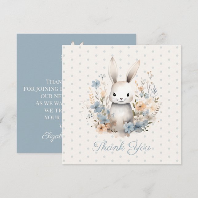 Baby Boy Blue Rabbit und Blume Babydusche Dankeskarte (Vorne/Hinten)