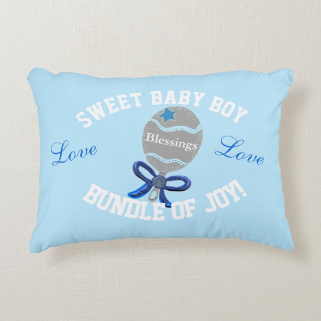 Baby Boy Blue Rattle Birth Stats Dekokissen (Vorderseite)