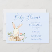 Baby Boy Blue Script mignon Bunny Baby Invitation