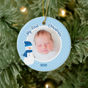 Baby Boy Blue Snowman Erstes Weihnachtsfest Foto Keramikornament