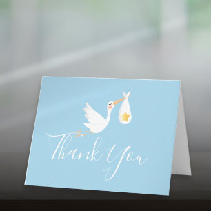 Baby Boy Blue Storch Gold Star Script Danke Karte