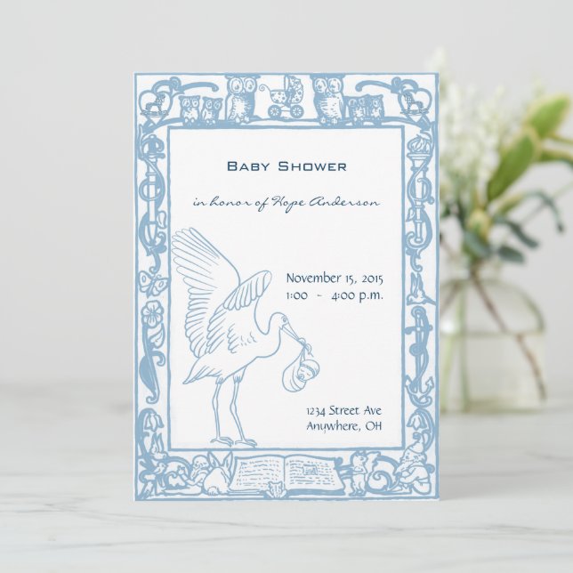 Baby Boy Blue Stork & Owl Border Shower Einladung (Stehend Vorderseite)