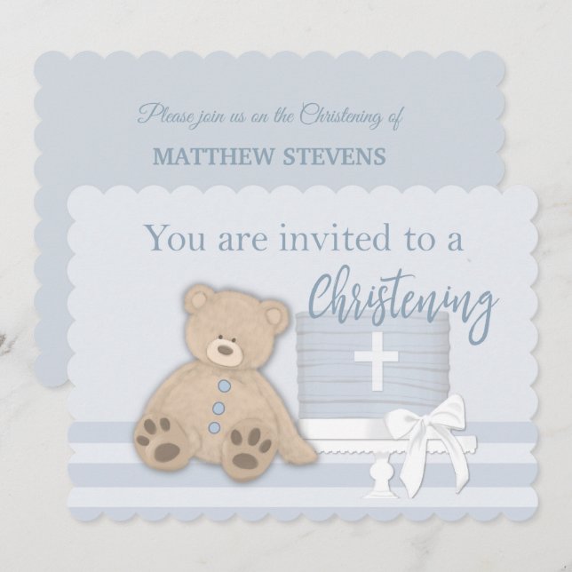 Baby Boy Blue Taufe Einladung Cake Teddy Bären (Vorne/Hinten)