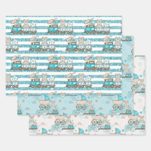 BABY BOY BLUE TRAINS BLOCKS CARS STARS GESCHENKPAPIER SET