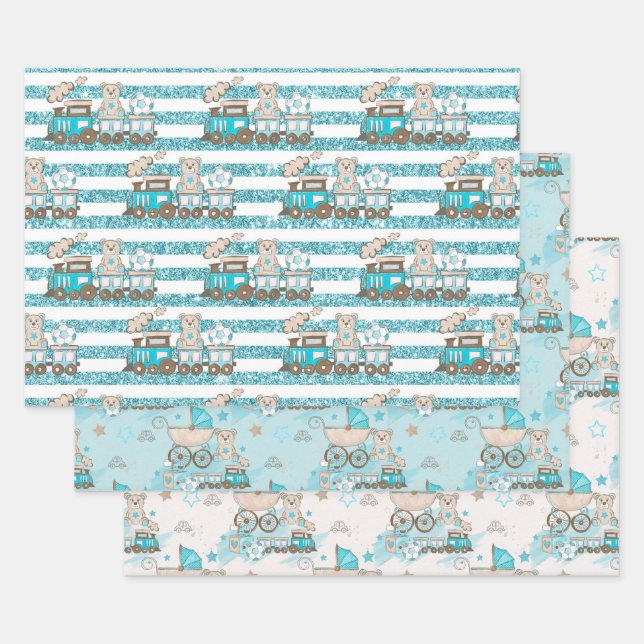 BABY BOY BLUE TRAINS BLOCKS CARS STARS GESCHENKPAPIER SET (Set)