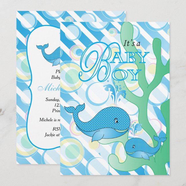 Baby Boy Blue Whale Baby Dusche Einladung (Vorne/Hinten)
