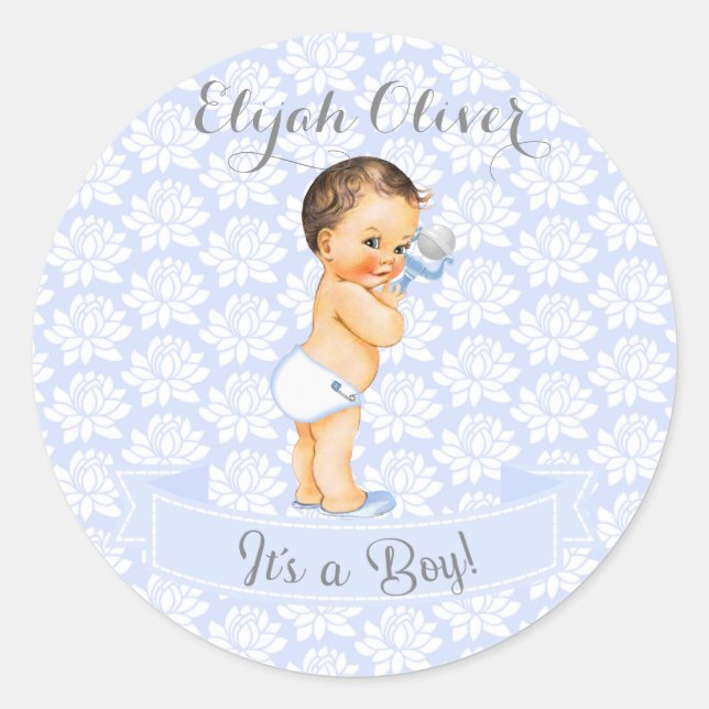 Baby Boy Blue White & Gray Runder Aufkleber (Vorderseite)