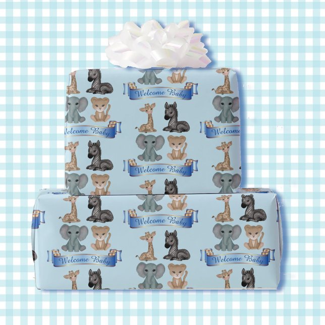 Baby Boy Blue Zoo Tiere Name Giraffe Zebra hinzufü Geschenkpapier (Von Creator hochgeladen)