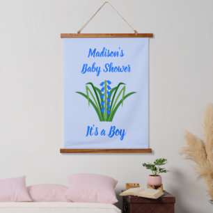Baby Boy Bluebell Blumen Frühling Baby Shower Wandteppich Mit Holzrahmen