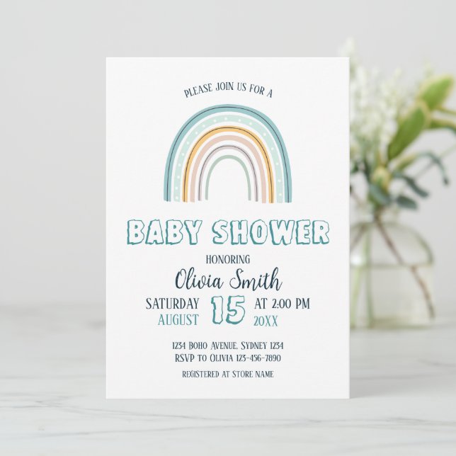 Baby Boy Boho Rainbow Baby Dusche Einladung (Stehend Vorderseite)