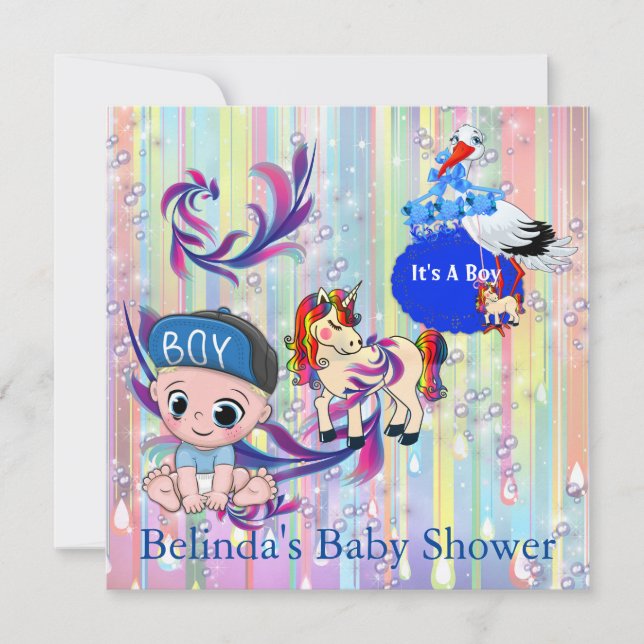 Baby Boy Bubbles & Unicorns Butterfly Invitation (Devant)