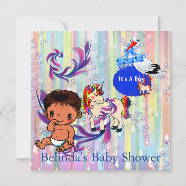 Baby Boy Bubbles & Unicorns Schmetterling Einladun Mitteilungskarte (Vorderseite)