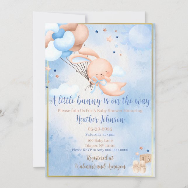 Baby Boy Bunny Baby Dusche Einladung (Vorderseite)