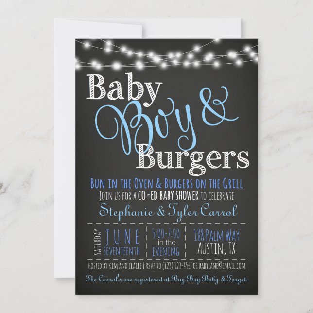 Baby Boy Burgers BBQ Douche Invitation Carte Livre (Devant)