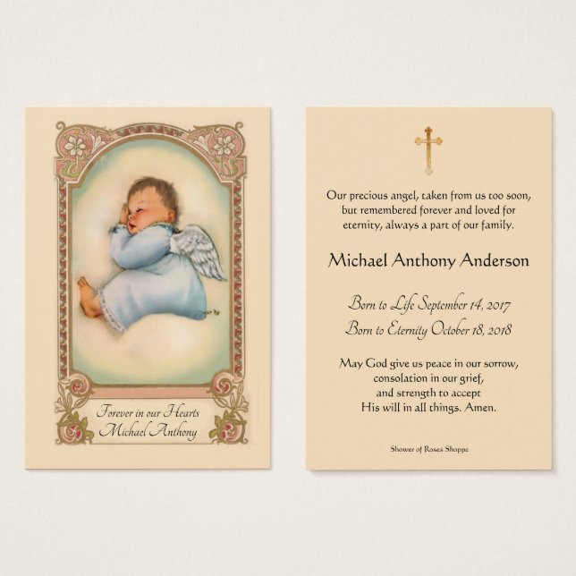 Baby Boy Catholic Funeral Memorial Holy Card - (Devant & derrière)