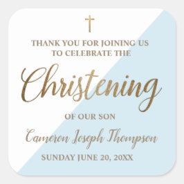 Baby Boy Christening Modernes Gold blau und weiß Quadratischer Aufkleber
