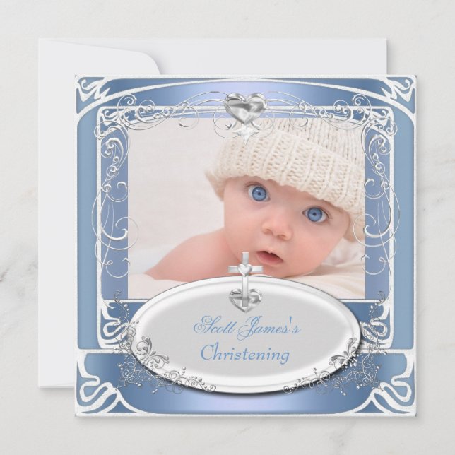 Baby Boy Christening Taufe Blau Weiß Einladung (Vorderseite)