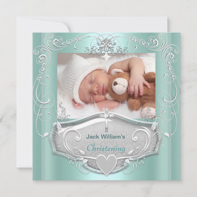 Baby Boy Christening Taufe Mint Silver Cross Einladung (Vorderseite)