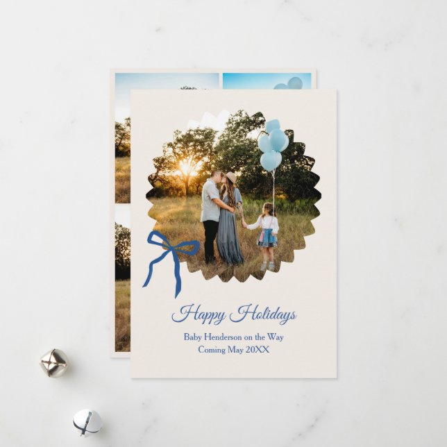 Baby Boy de Noël Faire-part Bleu Bow (Devant/Arrière en situation)