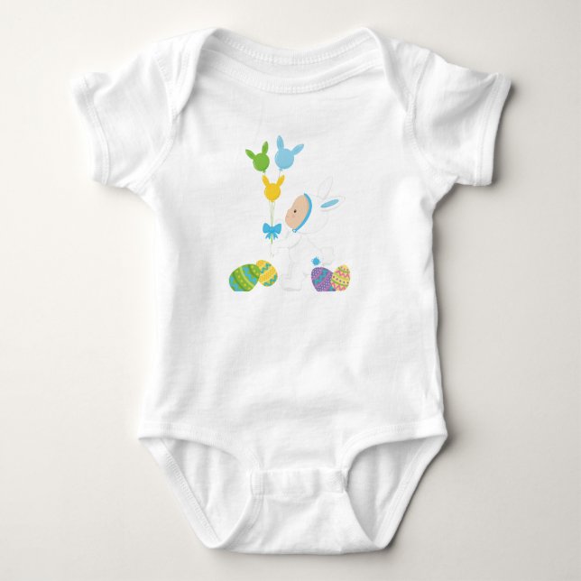 BABY BOY DRESSEERTE ALS WEISSE OSTERBUNNY BABY STRAMPLER (Vorderseite)
