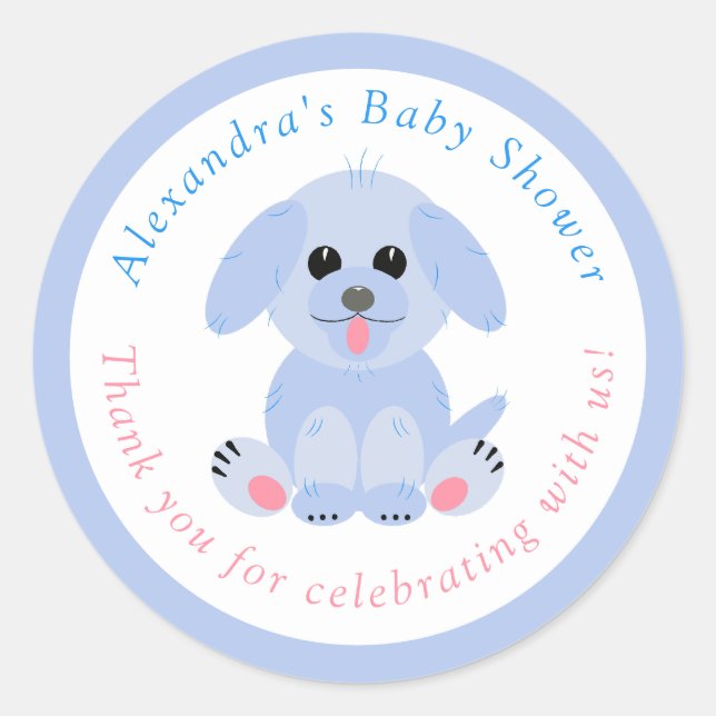 Baby Boy Dusche Danke Personalisiert Blue Puppy Runder Aufkleber (Vorderseite)