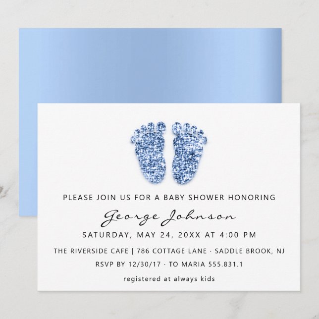 Baby Boy Dusche Feet Glitzer Blue White Einladung (Vorne/Hinten)