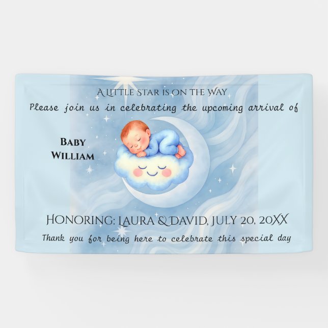 Baby Boy Dusche laden Mondlicht Sterne Wasserfarbe Banner (Horizontal)