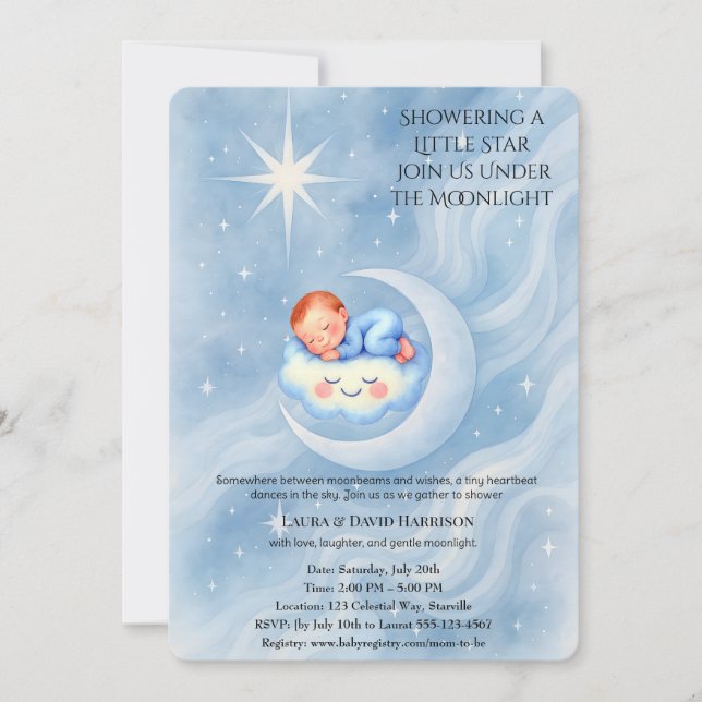 Baby Boy Dusche laden Mondlicht Sterne Wasserfarbe Einladung (Vorderseite)